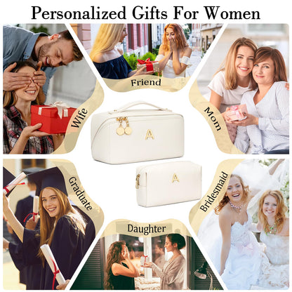CLOUDWINGS Birthday Gifts for Women Teen Girl, Personalized Initial Makeup Organizer Bag Set, Open Flat Travel Cosmetic Bag With Clear Divider and Handle(Beige,A)