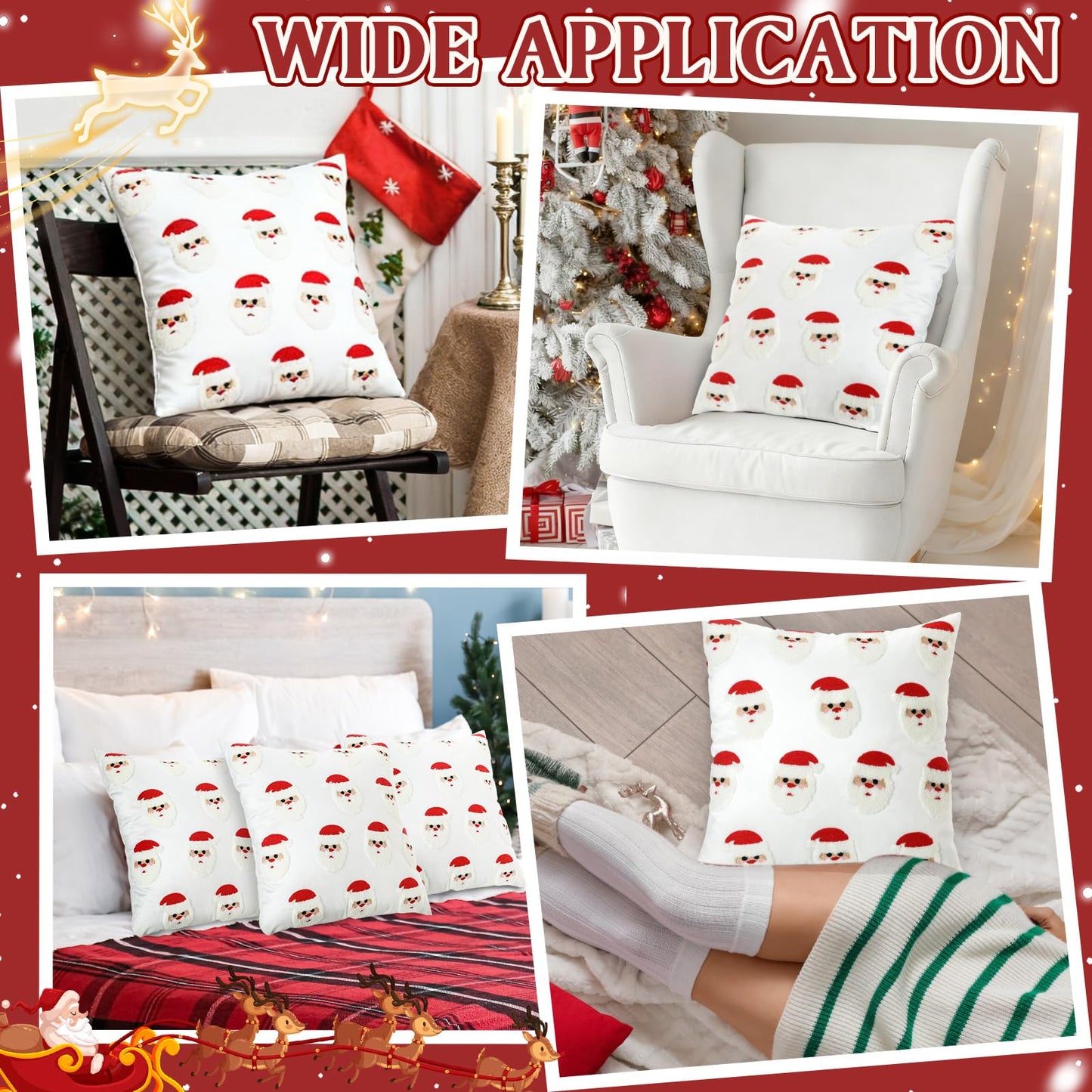 Hahafelt 2 Pcs Christmas Tufted Throw Pillow Covers 18 x 18 Inch Cute Santa Claus Soft Dutch Velvet Pillowcase Xmas Red White Square 3D Embroidery Cushion Cover Winter Holiday Decor for Sofa Couch Bed