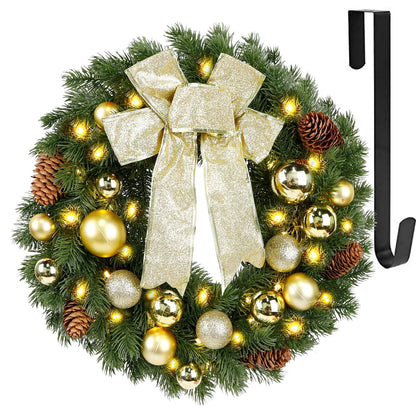 Hausse Lighted Christmas Wreath with Metal Hanger, Pre-lit Xmas Wreath with Large Golden Bow & Balls, Battery Operated with 40 LEDs Lights, for Front Door Gate Wall Christmas Party Decorations