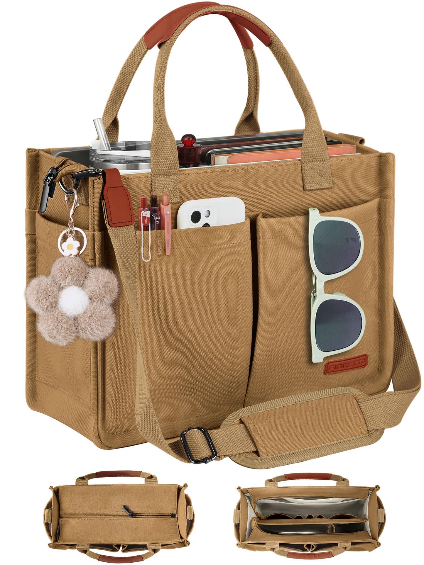 FIORETTO Women's Canvas Tote Bag with Zipper Top, Individual Compartments, Reinforced Bottom, Trolley Sleeve & Adjustable Strap, Doubles as a Crossbody Purse for Work, Travel & Bible, Khaki Brown M