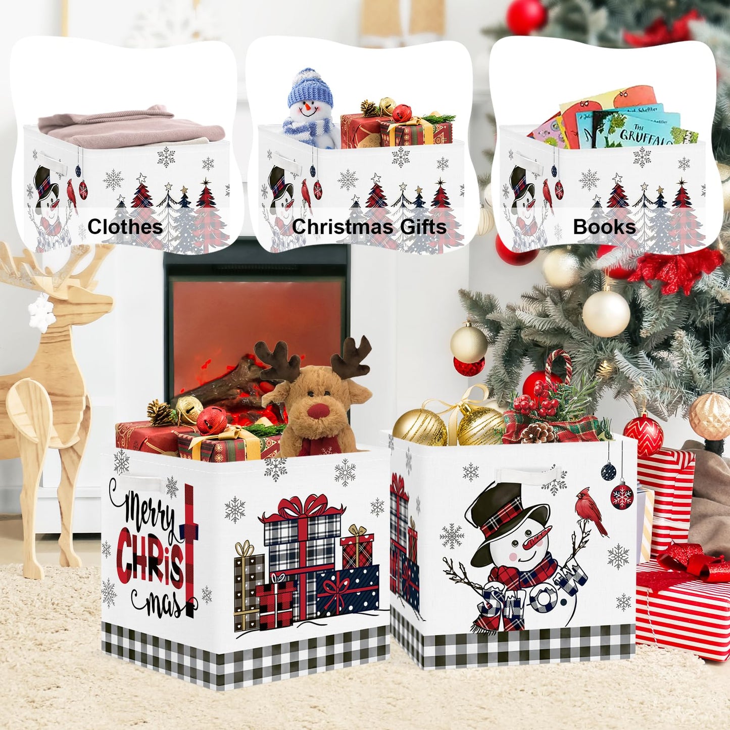 Clastyle 3 Pcs Large Christmas Tree Storage Basket Set Santa Claus Candy Snowman Book Toy Basket Snowflake Xmas Gift Storage Bins Boxes for Laundry Nursery Home,Red Black Snowman,11.8x11.8x11.8 in