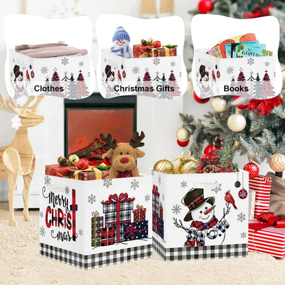 Clastyle 3 Pcs Large Christmas Tree Storage Basket Set Santa Claus Candy Snowman Book Toy Basket Snowflake Xmas Gift Storage Bins Boxes for Laundry Nursery Home,Red Black Snowman,11.8x11.8x11.8 in