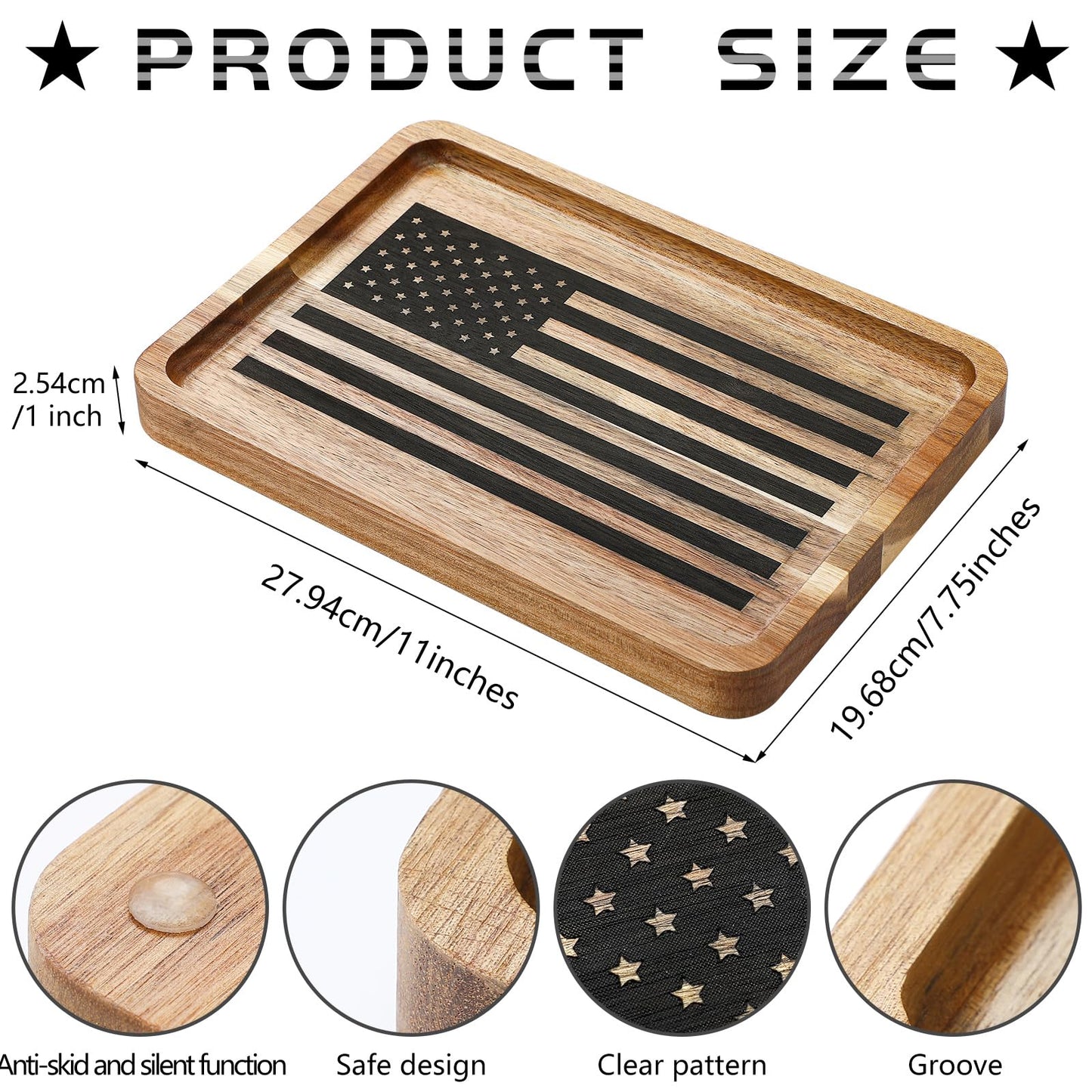 Newtay American Flag Valet Tray for Men Wood Catch All Dump Tray EDC Organizer Every Day Carry Bedside Nightstand Table Entryway Holder for Keys Wallet Watches Phones Jewelry 11 x 7.75 x 1 Inch