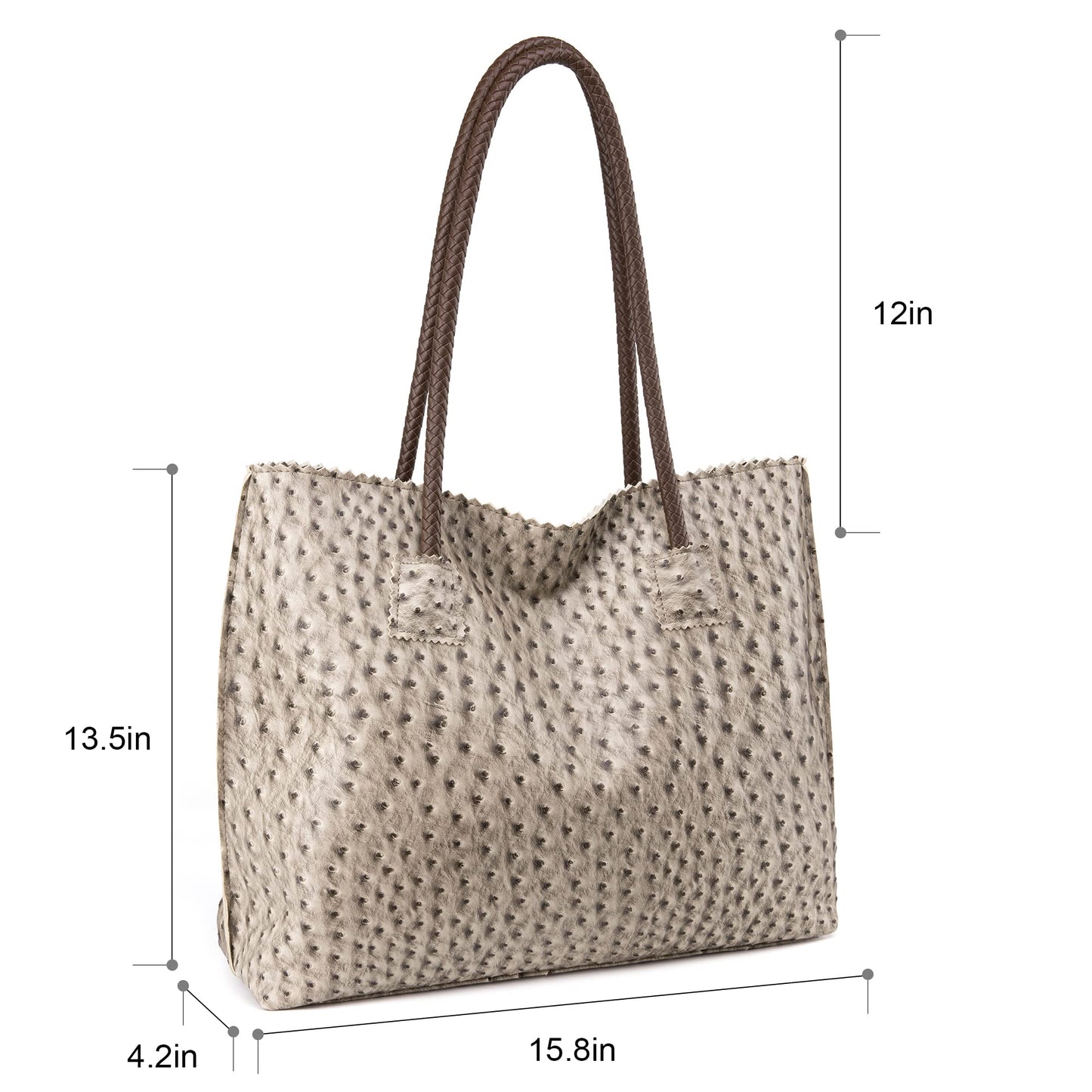 Milan Chiva Leather Tote Bag for Women with Zipper Large Ostrich Hobo Purse Shoulder Purses and Handbags Light Gray Gift MC-1038LGY