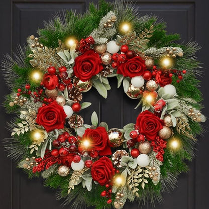 24 Inch Artificial Christmas Wreath for Front Door, Christmas Rose Floral Wreath with Lamb's Ear Red Berries Pine Cones Golden Leaves, Winter Wreaths for Front Door Wall Home Outdoor Decor