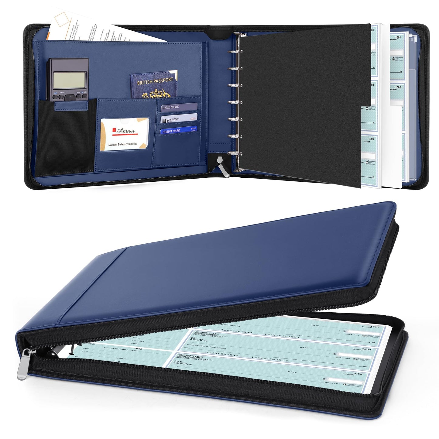 Antner Zippered 7 Ring Business Checkbook Binder Portfolio for 3-on-a-Page Business Checks, 600 Checks Capacity, PU Leather Check Binder Cover with Zipper Pouch & Dividers for 9x13 Sheets, Navy Blue