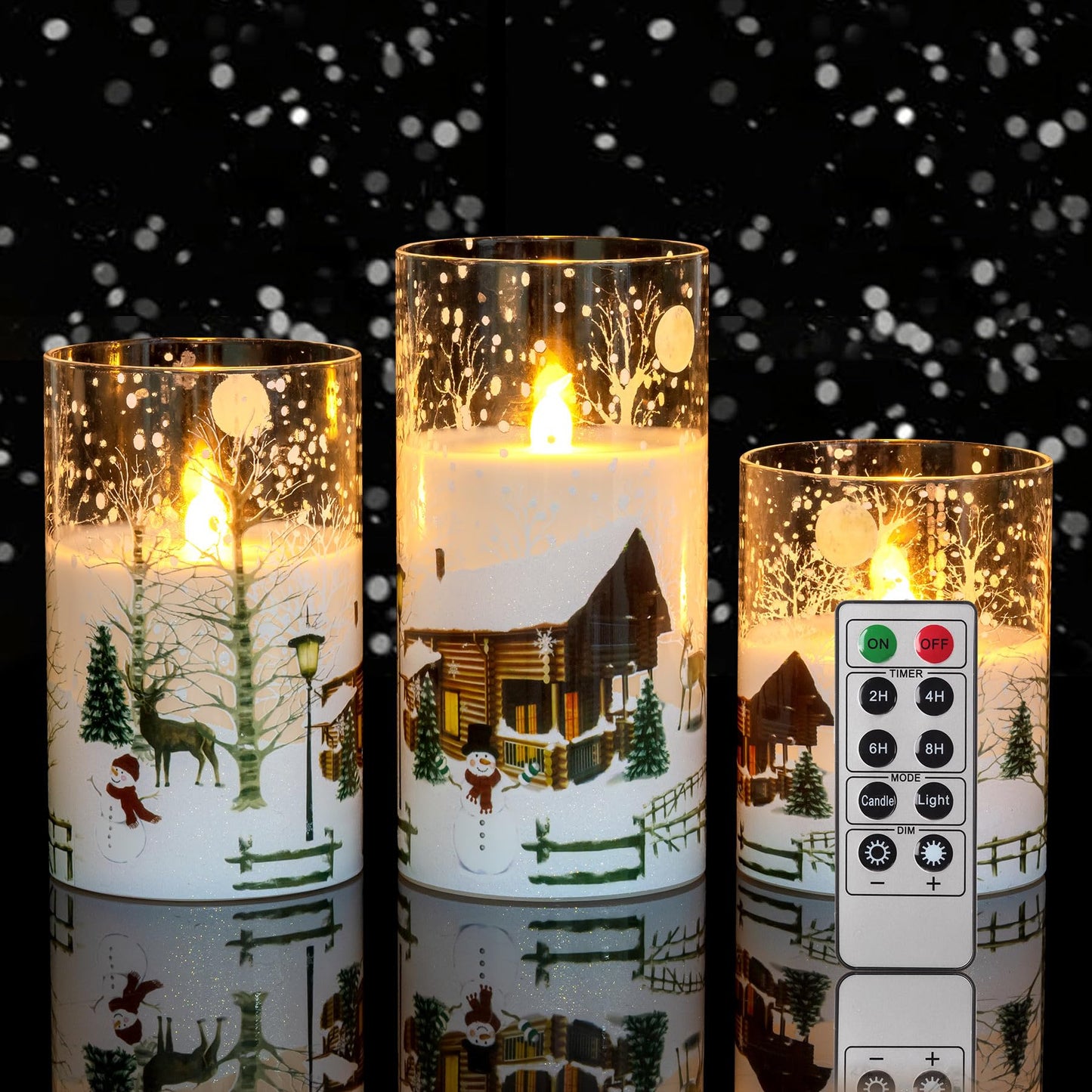 CANDLE IDEA 3PCS White Christmas Glass Flickering Flameless Candles with Snowman Decal,Real Wax Battery Operated LED Window Pillar Candles with 10-Key Remote and Timer Function for Holiday Home Decor