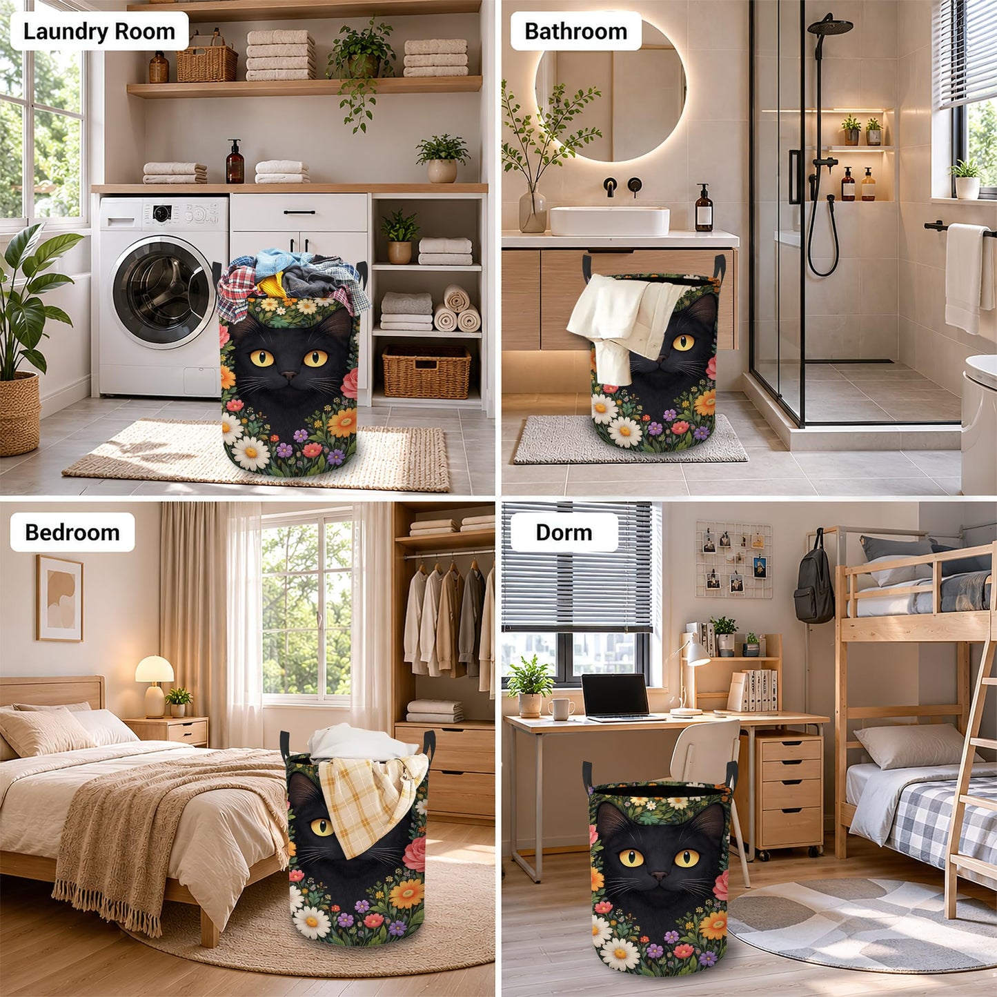 Black Cat Laundry Basket Oxford Cloth Flower Garden Laundry Hamper With Handle Foldable Portable Clothes Storage Basket Storage Bag For Laundry Room/Bathroom/Bedroom/Dormitory 20.8"x16"