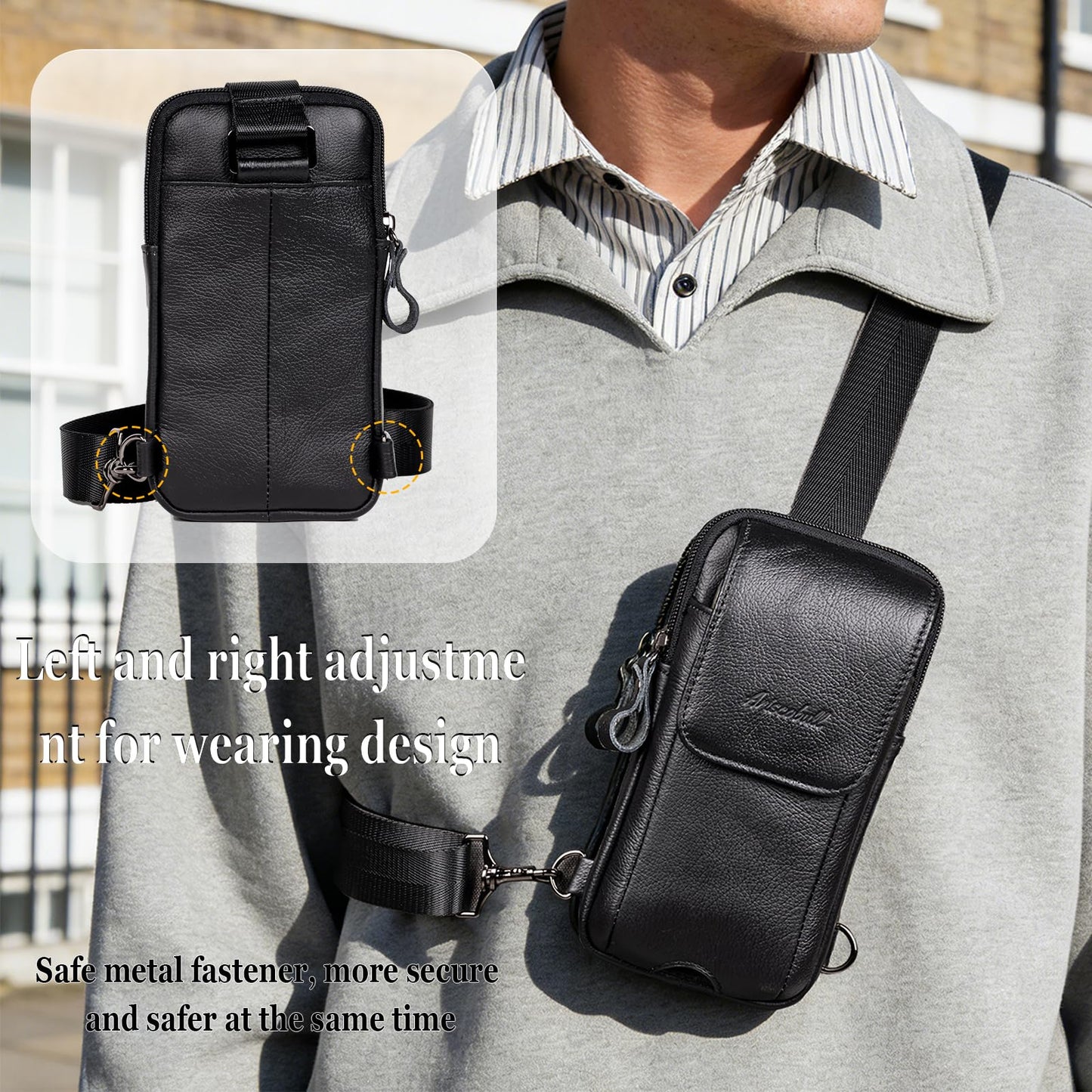 Ariscobull - Small Crossbody Bag for Men Women - Genuine Leather Mini Sling Bag with Charging Port - Travel Hiking Phone Daypack Cross Body Shoulder Bags (Black)