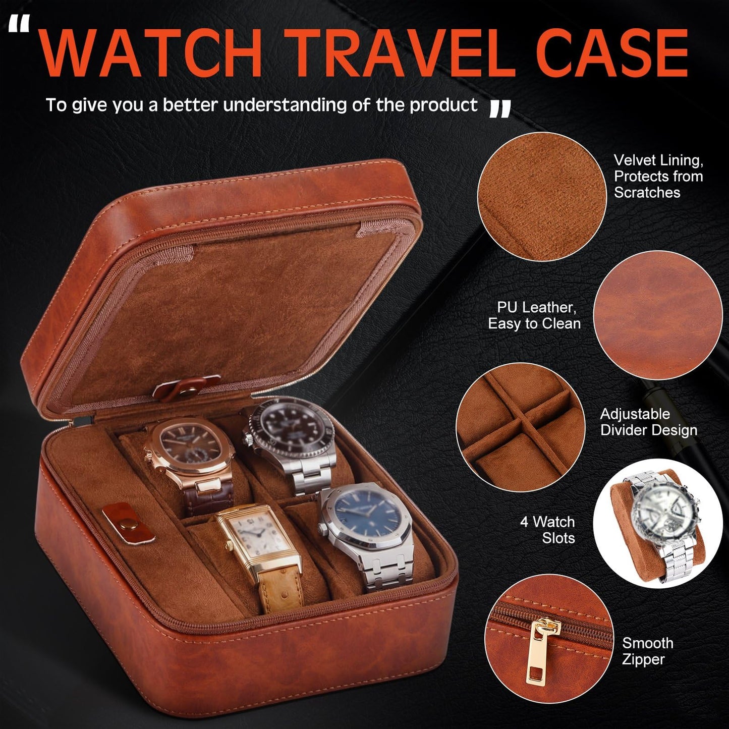 Hinly Travel Watch Case for Men 4 Slots PU Leather Mens Father Jewelry Box with Compartments Zippered Portable Watches Cufflinks Accessories Storage Case Gift(Brown)