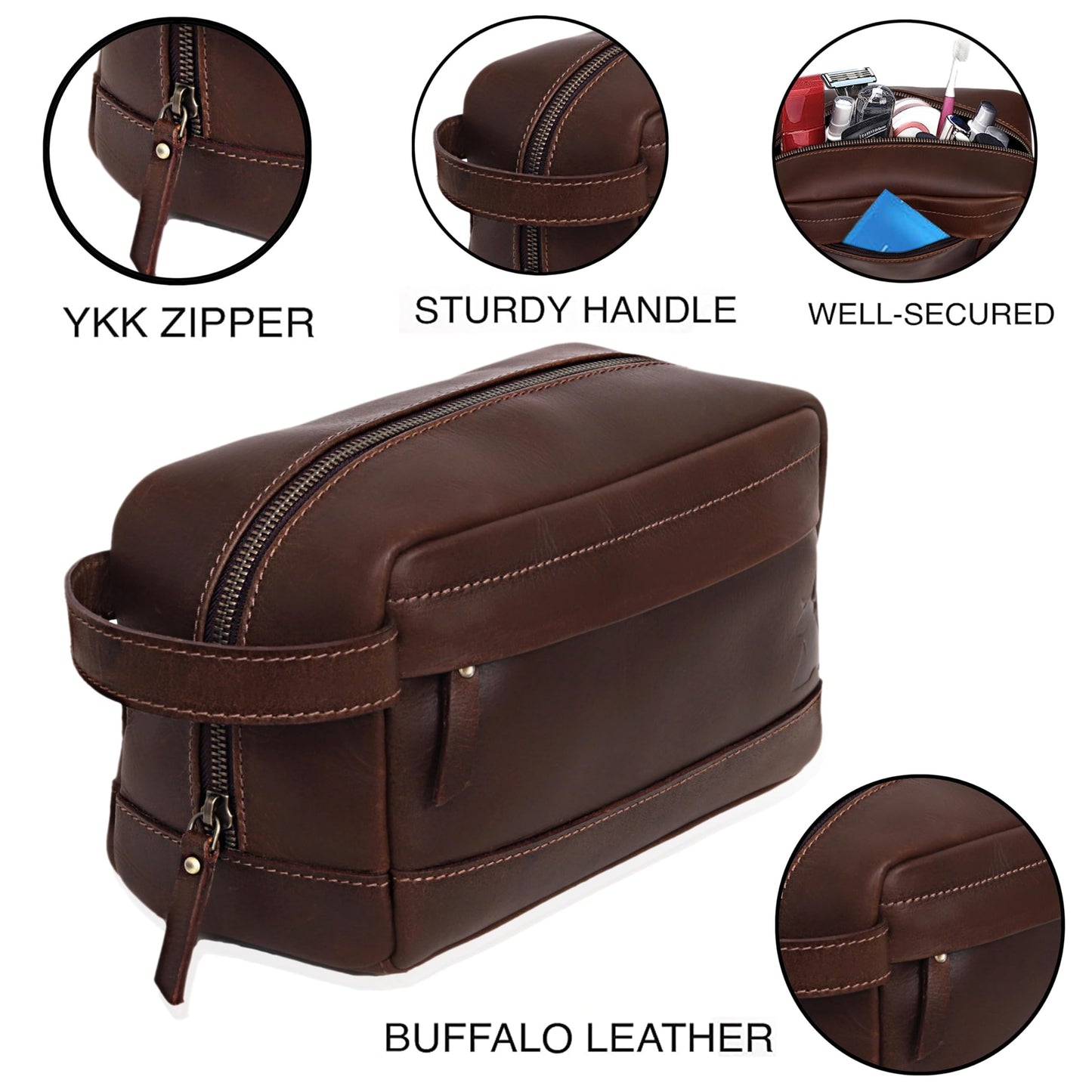 Leather Farm Premium Buffalo Leather Toiletry Bag for Men & Women - Dopp Kit With Water Resistant Lining, Shaving Pouch, Unisex Wash Bag For Toiletries, Gifts For Men and Women - Dark Brown