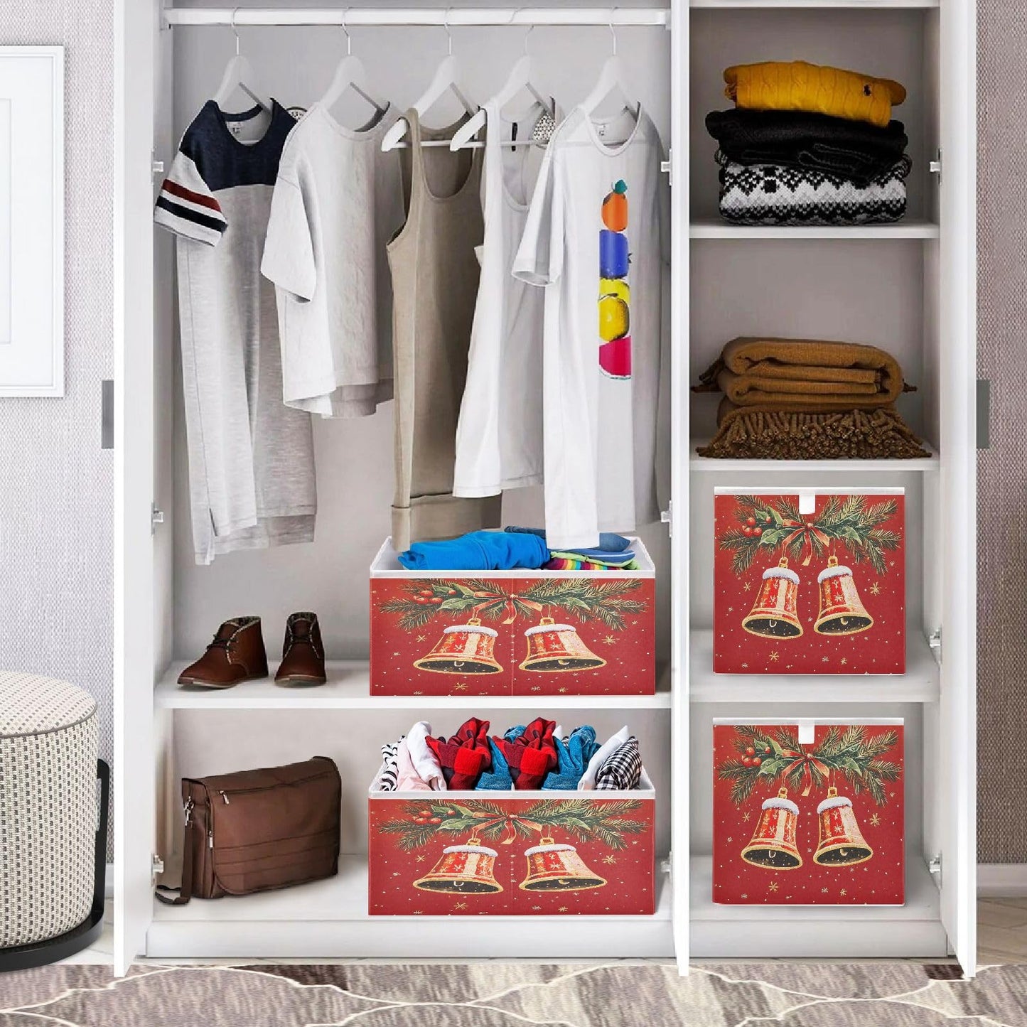 senya Large Storage Bins Christmas Bells Collapsible Foldable Storage Cubes Fabric Basket Closet Organizer Containers Box for Home Bedroom Office 15.7 x 10.6 x 6.9in