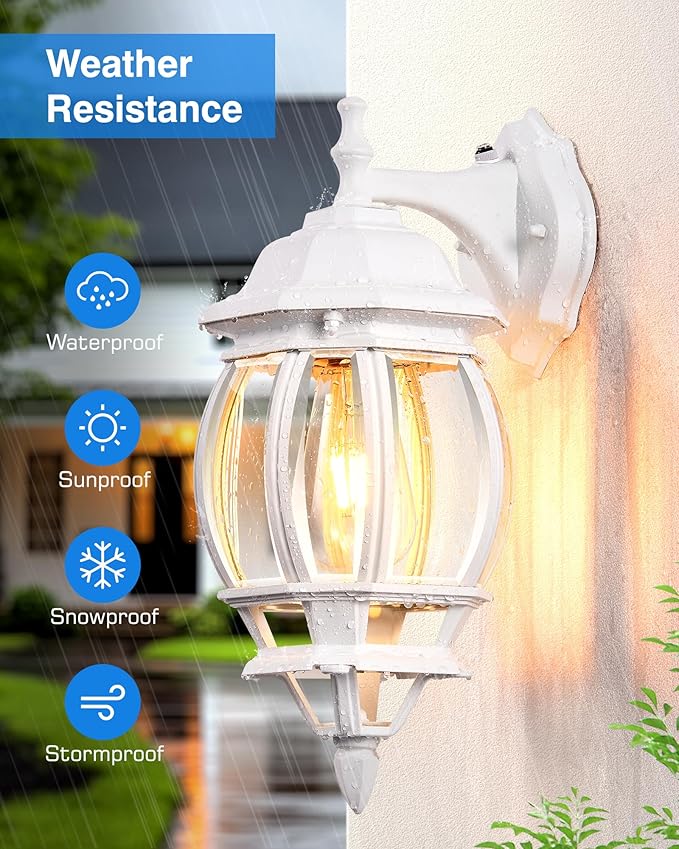 VIANIS White Porch Lights Outdoor, 2 Pack Dusk to Dawn Exterior Lighting Fixtures for House, Modern Outdoor Wall Sconce Lantern for Patio Coach, Anti-Rust Waterproof Outdoor Garage Lights Wall Mount