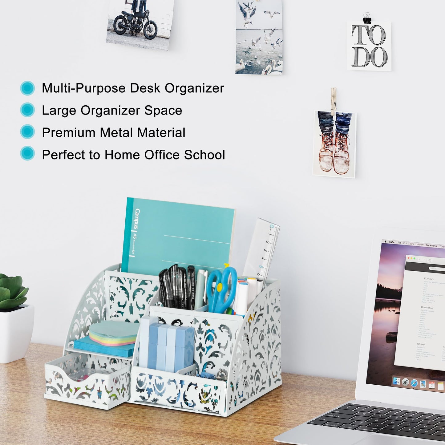 EasyPAG Desk Organizer and Pen Holder for Desk, Mesh Office Supplies Storage Caddy with Drawer for Small Space, Desktop Organizer for Home Office, White