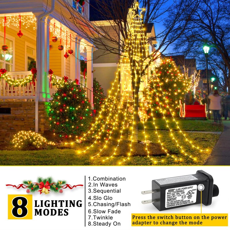 Nielfoi 12FT 344 LED Christmas Tree Lights, Plug in Waterfall String Lights with Topper Star, Waterproof 8 Modes Outdoor Christmas Decorations for Indoor Patio Yard Lawn Party, Warm White