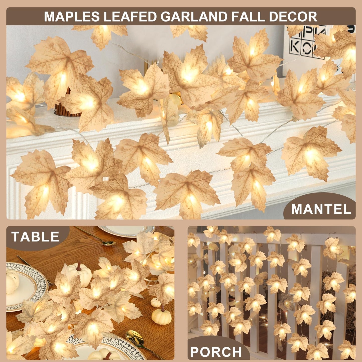 3 Pack Fall Decor - Fall Garland with Lights Fall Decorations for Home, Total 20Ft 60LED Thick Lighted Maples Leafed Autumn Garland Wedding Harvest Fireplace Party Christmas Thanksgiving Decorations