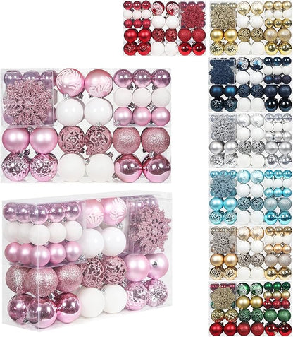 SY CRAFT 86 Pieces of Assorted Shatterproof Christmas Ball Snowflake Ornaments Seasonal Decorative Hanging Ornament Set with Hand-held Gift Package for Xmas Tree Decorations (86PCS, Pink)