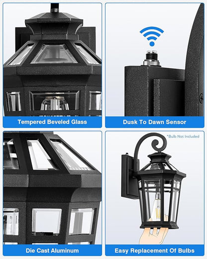 Outdoor Light Fixtures Wall Mount, 2-Pack Outdoor Wall Sconce Dusk to Dawn, Exterior Lantern with E26 Base, Matte Black Finish Coach Lights for Garage, Waterproof Outside Lights for House