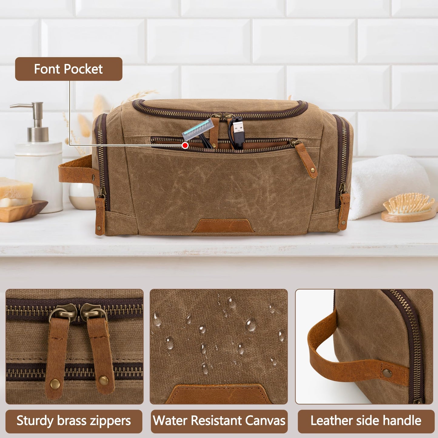Yarwo Hanging Toiletry Travel Bag for Men, Waxed Canvas Men Dopp Kit Hygiene Bag with Detachable Zipper Pouch, Water-resistant Shaving Storage Bag for Razor and Travel Essentials, Xmas Gift for Man