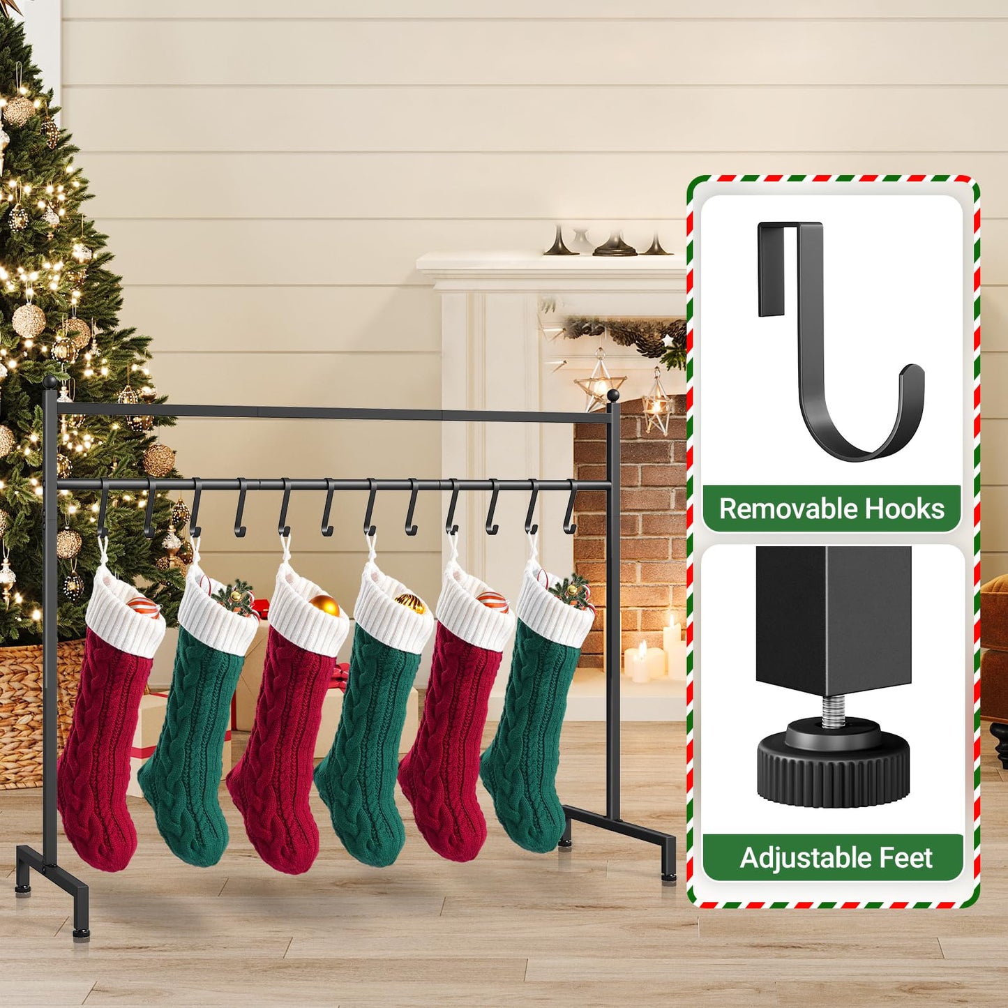 ELYKEN Christmas Stocking Holder Stand, Freestanding Stocking Rack with 12 Removable Hooks, Heavy Duty Metal Christmas Stocking Stand for Floor, Weighted Stocking Holder with Adjustable Feet, Black