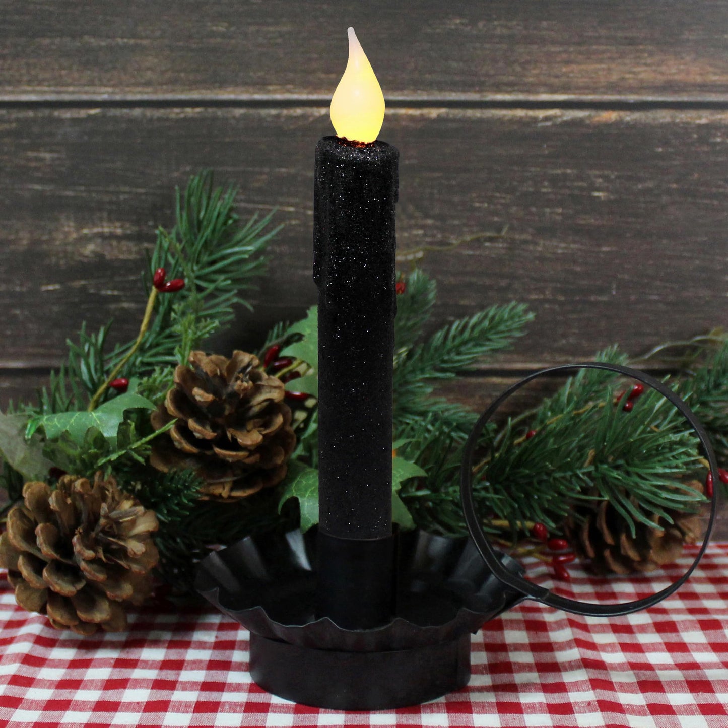 CVHOMEDECO. Glitter Flameless Candles Flickering Battery Operated LED Taper Candles with Timer for Home, Wedding, Halloween, Christmas Decor. Black, 6-3/4 Inch, Set of 2