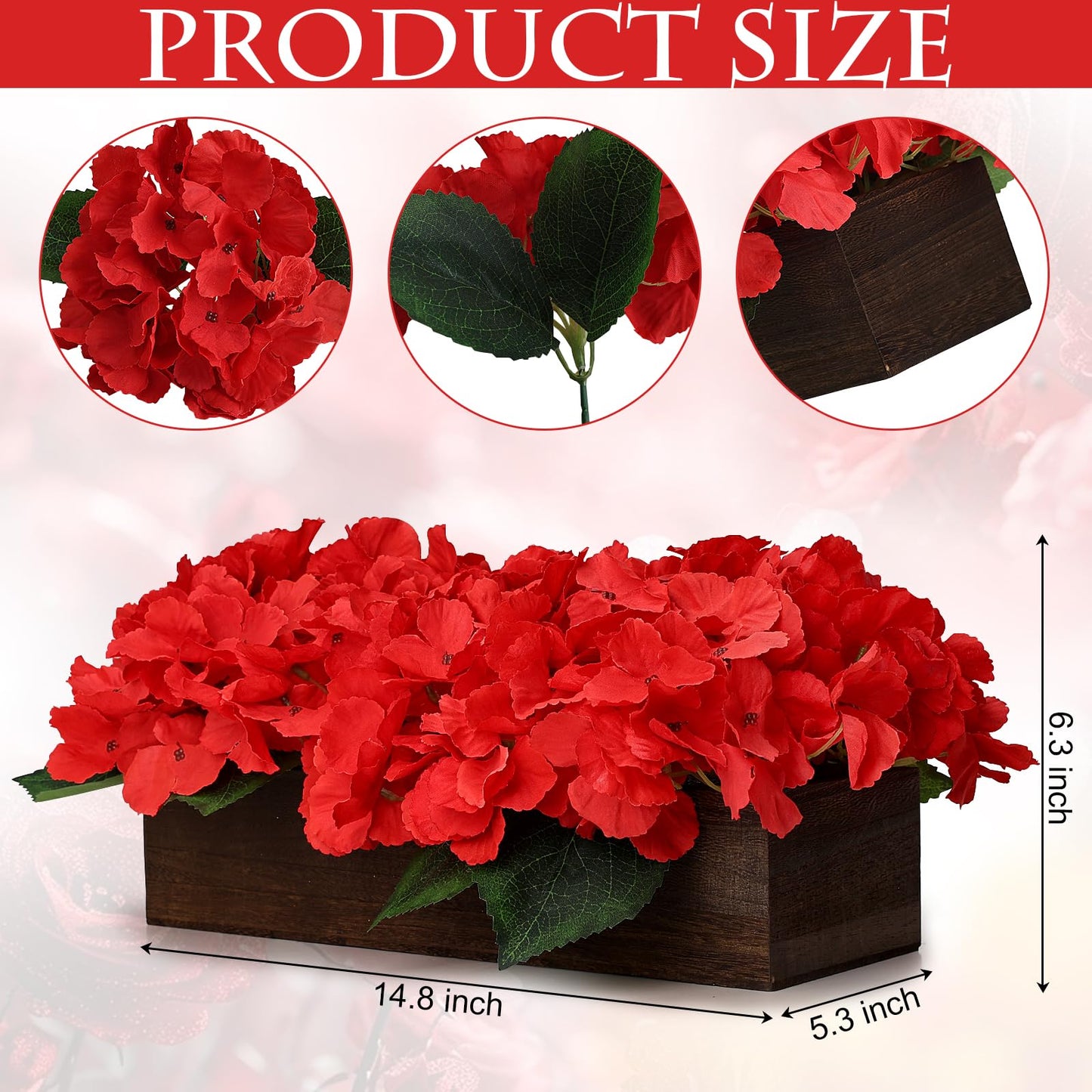 Scawim Flower Table Centerpiece, Artificial Hydrangea Arrangements Centerpieces Fake Flowers Decor Wood Tray with Faux Flower Wedding Bouquets Room Kitchen Farmhouse Indoor Office Party(Red)