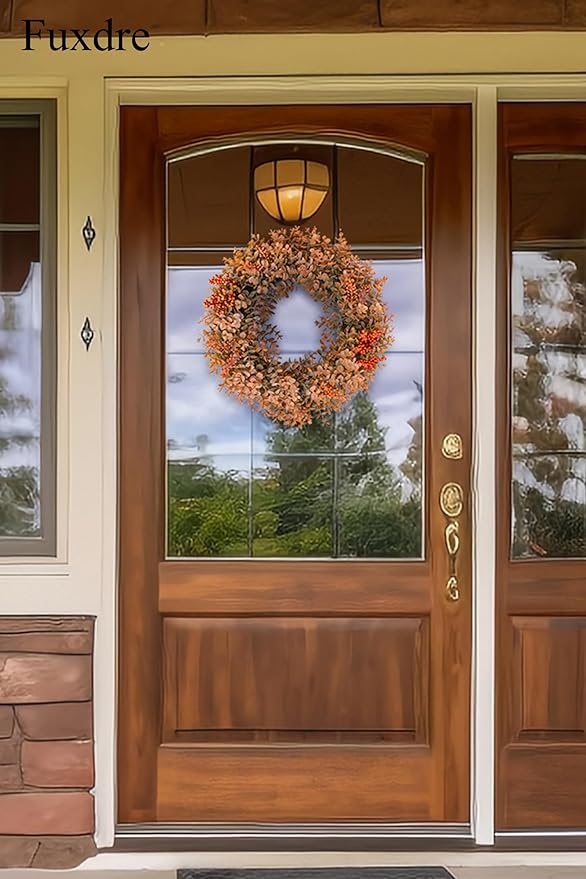 Eucalyptus Fall Wreaths for Front Door 15", Handmade Fall Leaves Wreath for Autumn, Floral Farmhouse Wreath for Wall and Outside Indoors