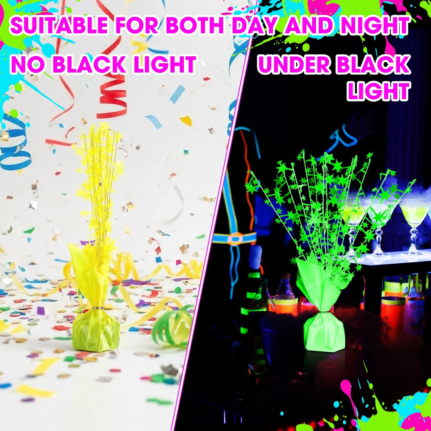 FineCheer 6 Pack Glow in The Dark Centerpieces Neon Birthday Party Decoration Metallic Foil Spray Star Tabletop Fluorescence Party Supply Under UV Light for Graduation Back to Classroom Birthday