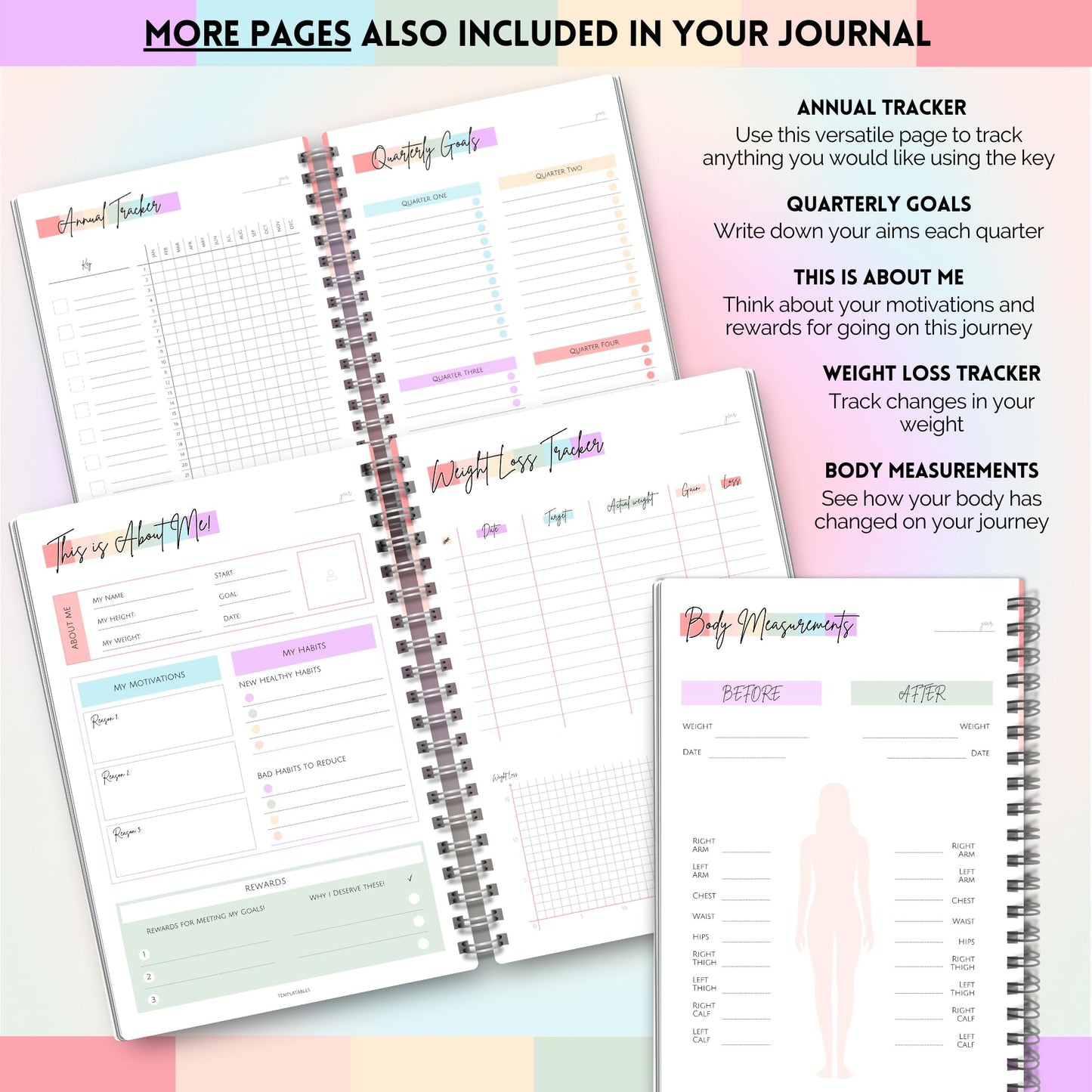 Wellness Journal - 90 Day Health, Fitness, Gratitude, Mindfullness, Wellbeing, Habit, Goals, Diet & Food Tracker - A5 (Pastel Rainbow)