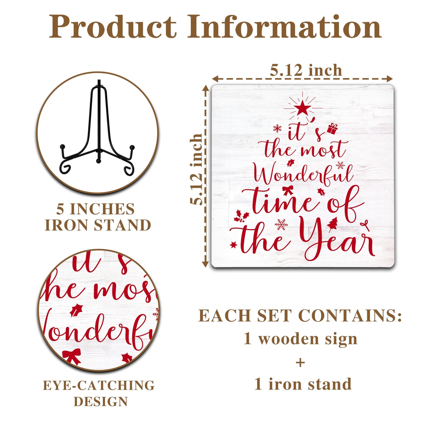 Cazhes Christmas Decorations for Home Bedroom Kitchen, Red Christmas Wooden Decor, 5x5 Inches Xmas Tree Sign with Iron Stand, Birthday New Year Gifts for Women-G09