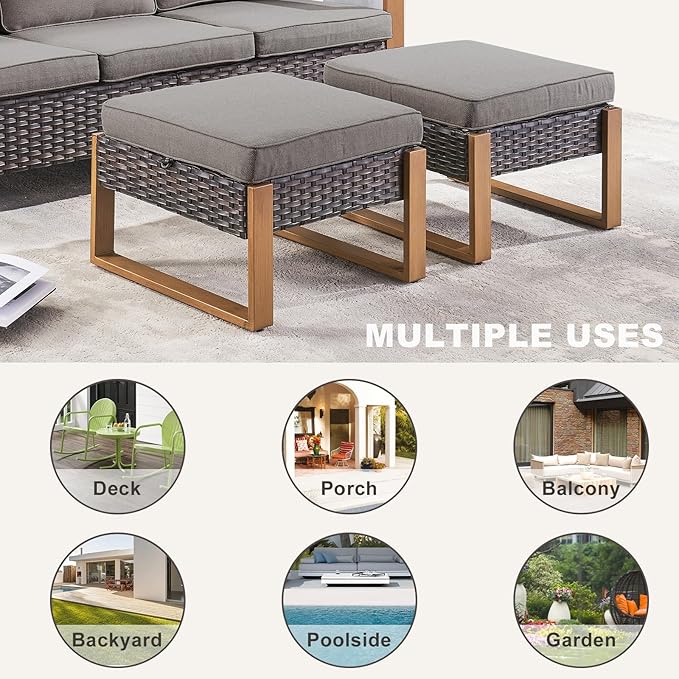 Rilyson Outdoor Ottoman Wicker Patio Footrest - 2 Piece Wicker Footrest Footstools Set with Sturdy Frame,All-Weather PE Wicker, Thick Cushions for Deck Porch Garden(Brown/Grey)