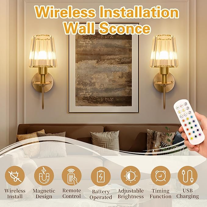 Battery Operated Wall Sconces set of Two,Wireless Wall Sconces with 5000 mAh Bulb and Remote,LED 15 Colors Rechargeable Gold Wall Sconce with Crystal for Bedroom Living Room Hallway Wall Decor