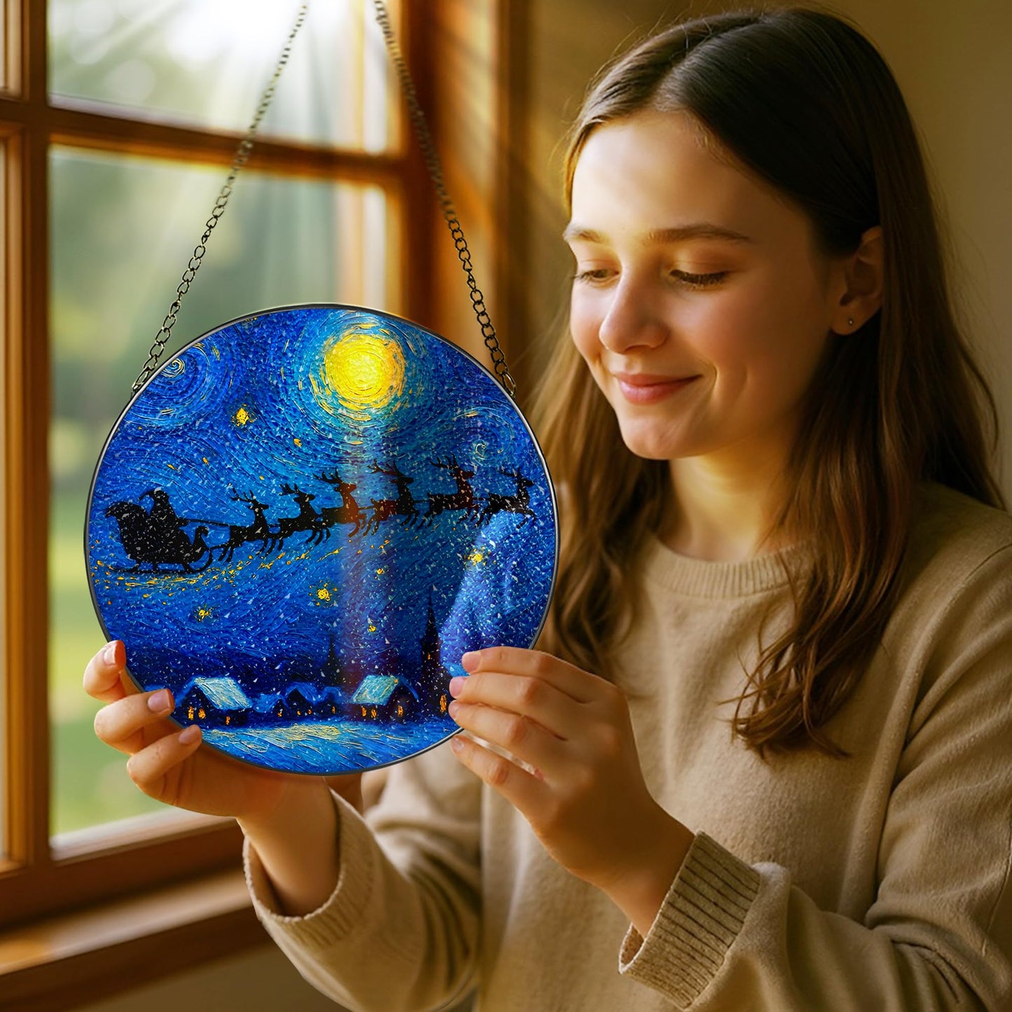 8-Inch Starry Night Santa Sleigh Stained Glass Window Hanging & Ornament: Stained Glass Suncatcher Ornament, Sun Catcher Window Decor – Gifts Exchange, Gift Idea, Gifts for Christmas & Holidays