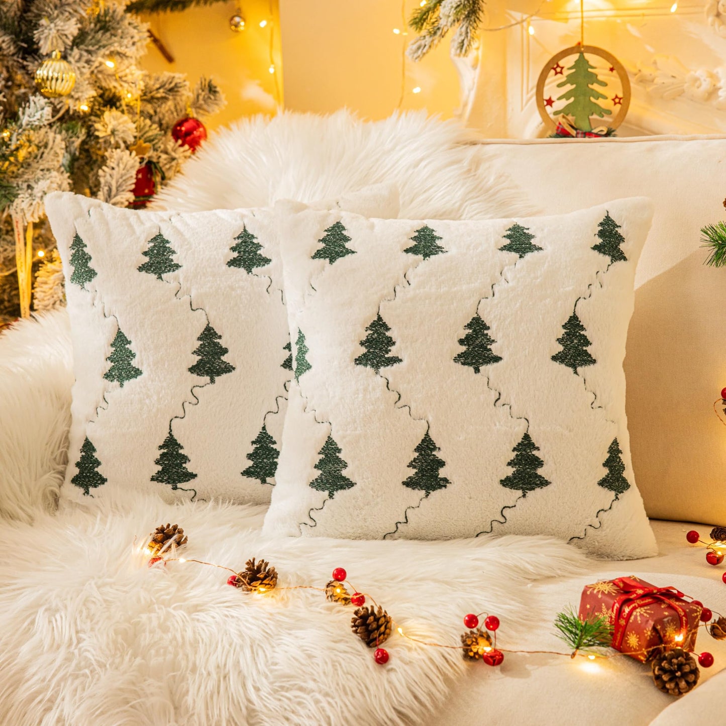 AQOTHES Christmas Tree Embroidered White Throw Pillows Cover 18x18 Inch, Set of 2 Packs Winter Soft Fluffy Decorative Throw Pillows Covers Decor for Home Sofa Couch Bed Room