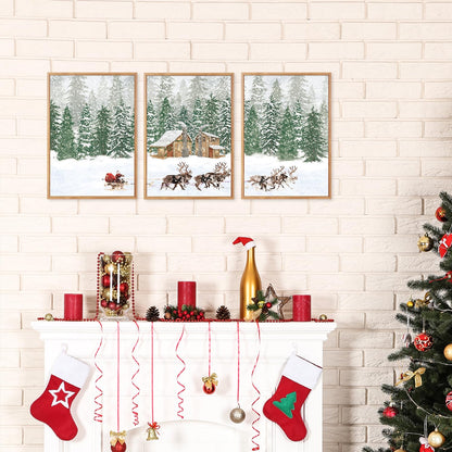 CHDITB Santa Claus Reindeer Sleigh Framed Canvas Wall Art(12"x16"), 3 Panels Christmas Winter Holiday Artwork Prints, Large Rustic Xmas Gift Snow Scene Forest Landscape Decor for Home Office Bedroom