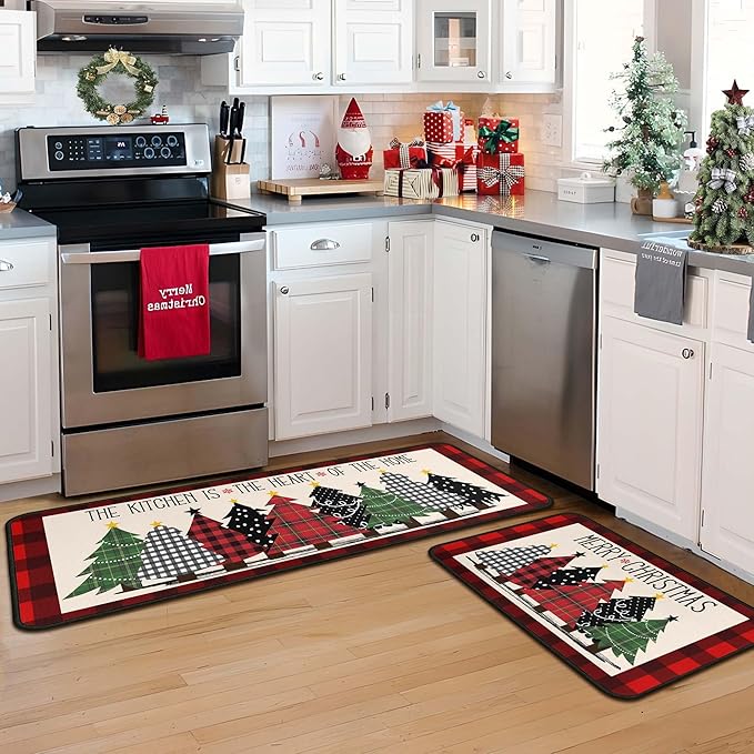 Buffalo Plaid Xmas Trees Merry Christmas Red Kitchen Rugs Set of 2, Non Skid Washable Soft Comfort Kitchen Rugs Set (17"x47"+17"x30",Merry Christmas)