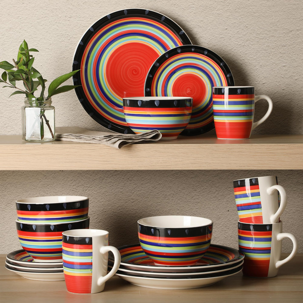 Gibson Home Queenslane 16 Piece Double Bowl Plates and Bowls Dinnerware Sets - Matte Blue