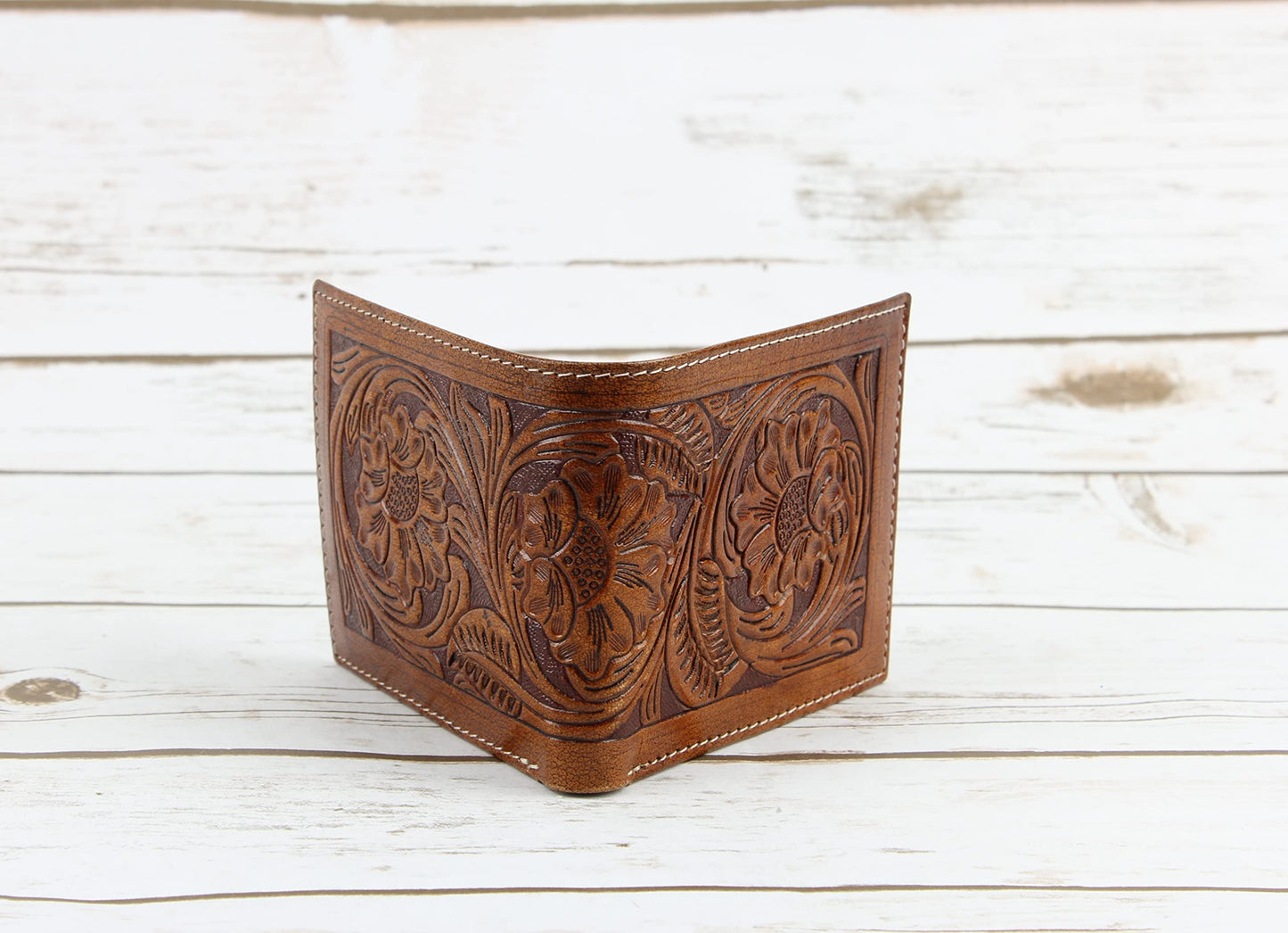 American Bison RFID Wallet for Men – Hand-Tooled Floral Cowhide Leather Bifold Wallet with Gift Box (Light Brown)