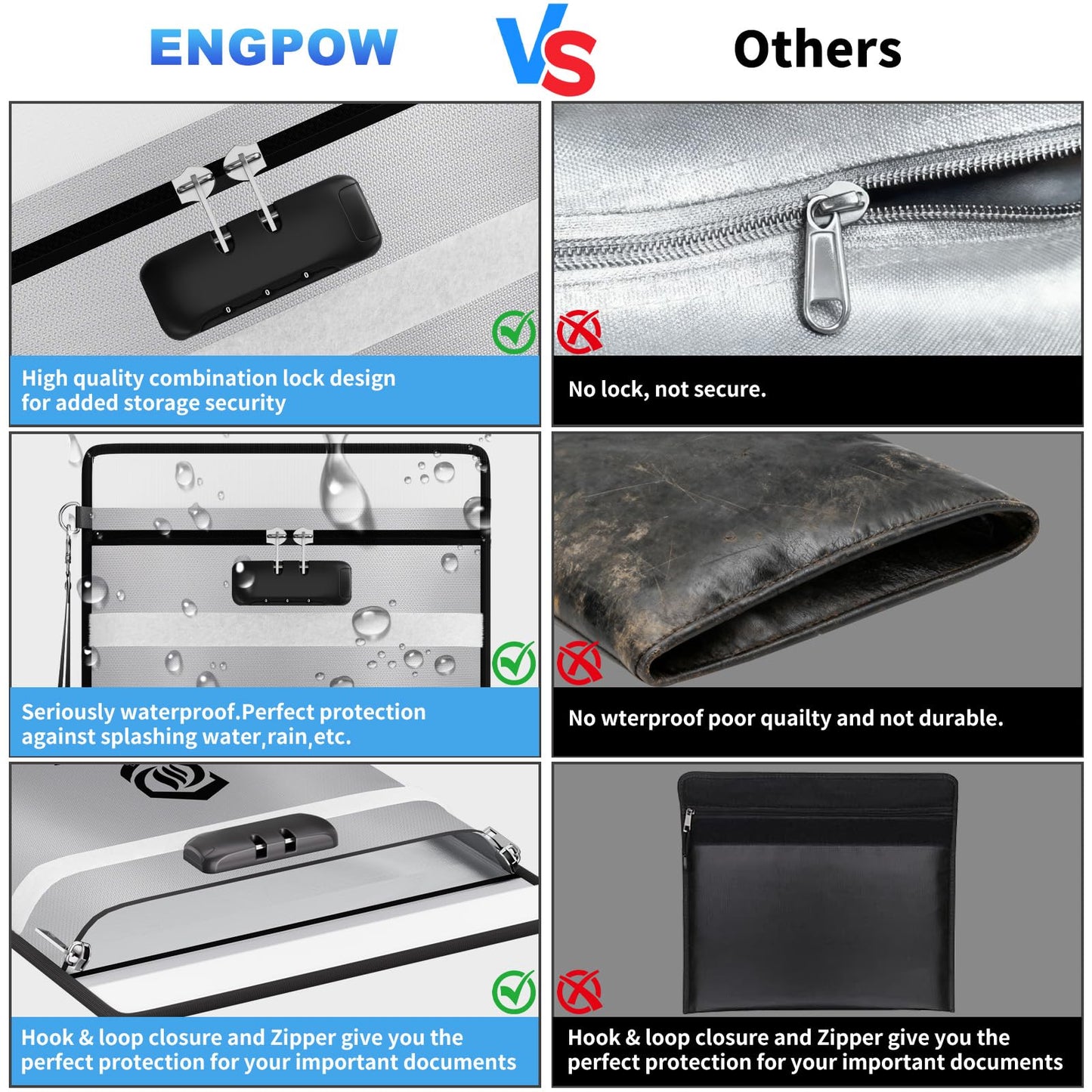 ENGPOW Fireproof Document Bag with Lock (5200℉),15”x 11” Fireproof Money Pouch with Zipper, Fireproof File Safe Storage Organizer Holder for Valuables,Cash,A4 Legal Important Documents and More
