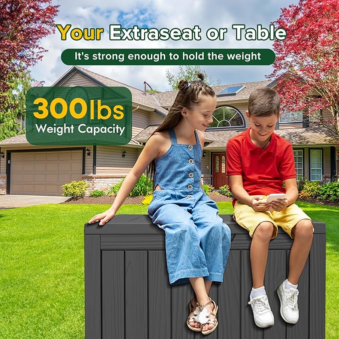 45 Gallon Waterproof Large Resin Deck Box Indoor/Outdoor Lockable Storage Container and Seating for Garden, Pool, and Patio (45 Gallon, Black)