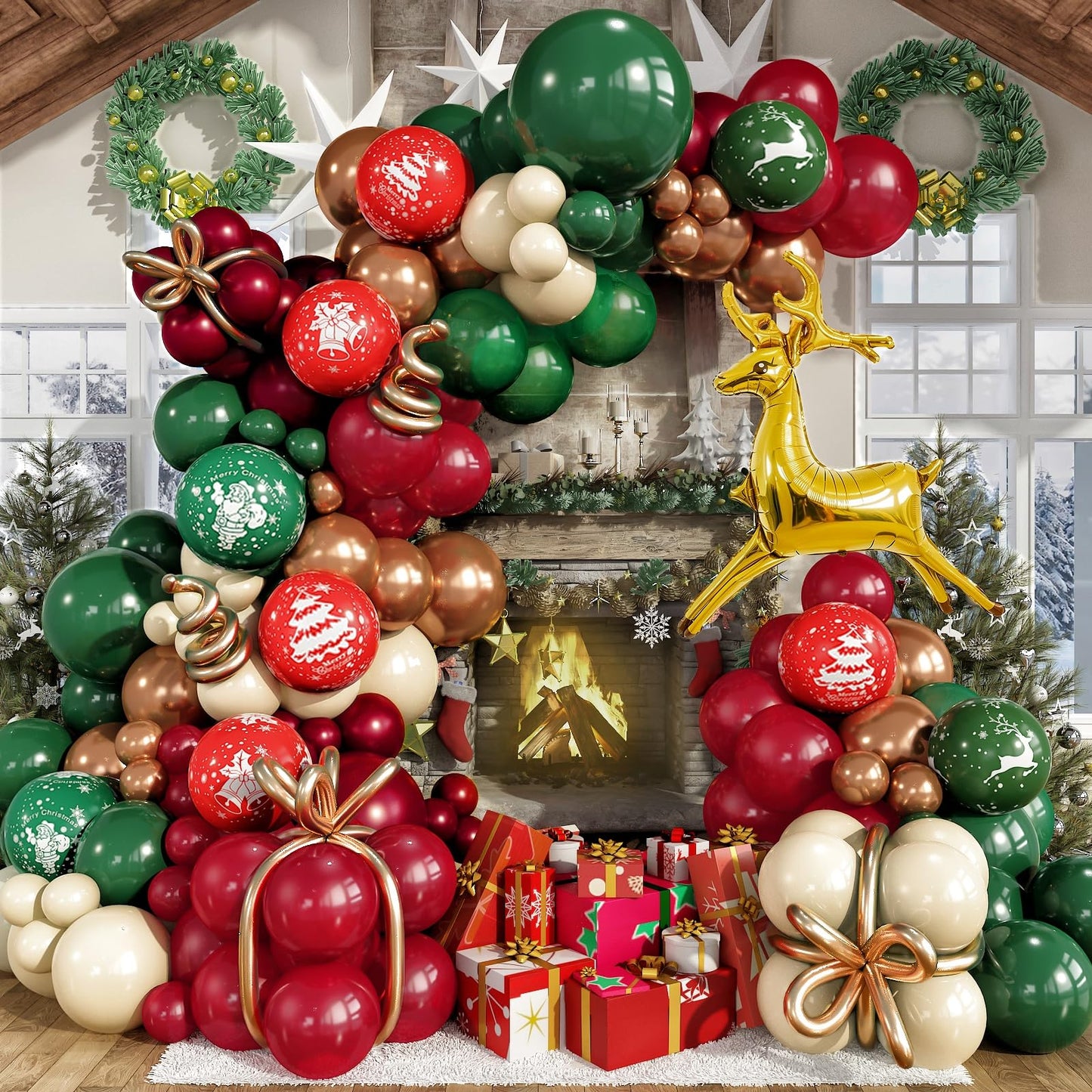 Retro Christmas Decorations Balloon Arch, Ruby Red Green White Balloon Garland with Bell Deer Print Metallic Bronze Gold Balloons Deer Foil Mylar Balloons for Xmas New Year Winter Festive Party Decor