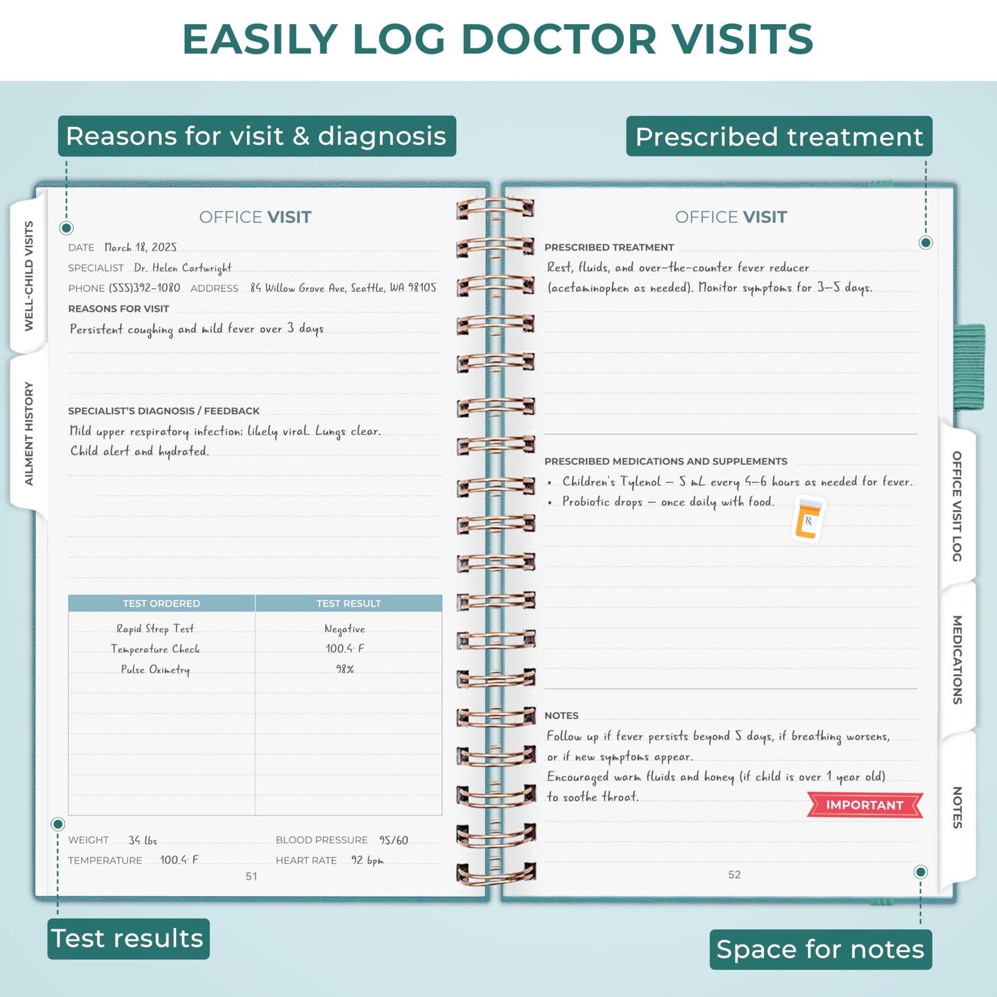 Clever Fox My Child's Health Record Keeper – Child & Baby Medical Records Organizer Log Book – Childcare Journal Notebook & Healthy Tracker for Newborn & Children – Childcare Essentials (Aquamarine)