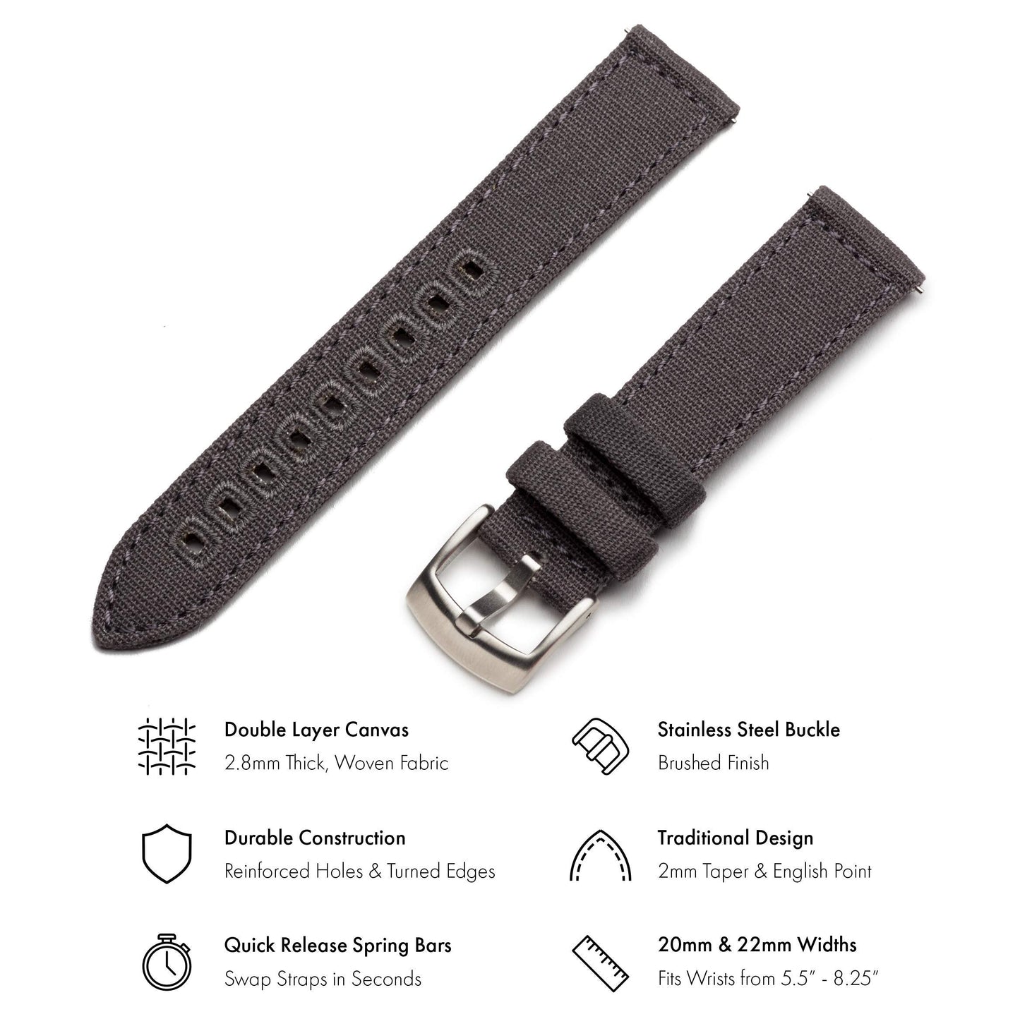 Benchmark Canvas Watch Band - Quick Release Cotton Fabric Watch Straps for Men & Women (20mm, Grey)
