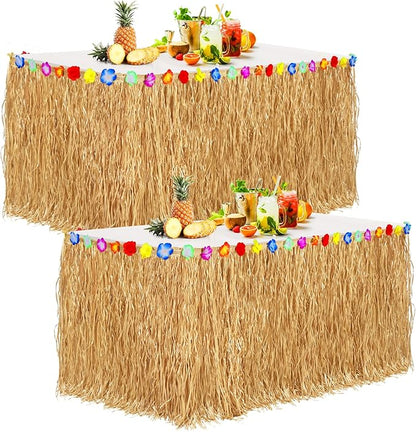 Aodaer 2 Pack Thickened Grass Table Skirt Natural with Hibiscus Flowers 400g Hawaiian Luau Tropical Party Decor Fringe Party Decoration for Costume Tiki Tropical Hawaii Moana Birthday, Straw Yellow