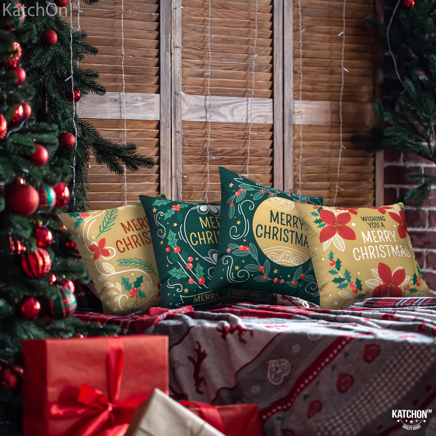 KatchOn, Merry Christmas Pillow Covers 18x18 - Pack of 4 | Green and Gold Christmas Throw Pillow Covers | Christmas Decorations Indoor | Holiday Pillow Cases