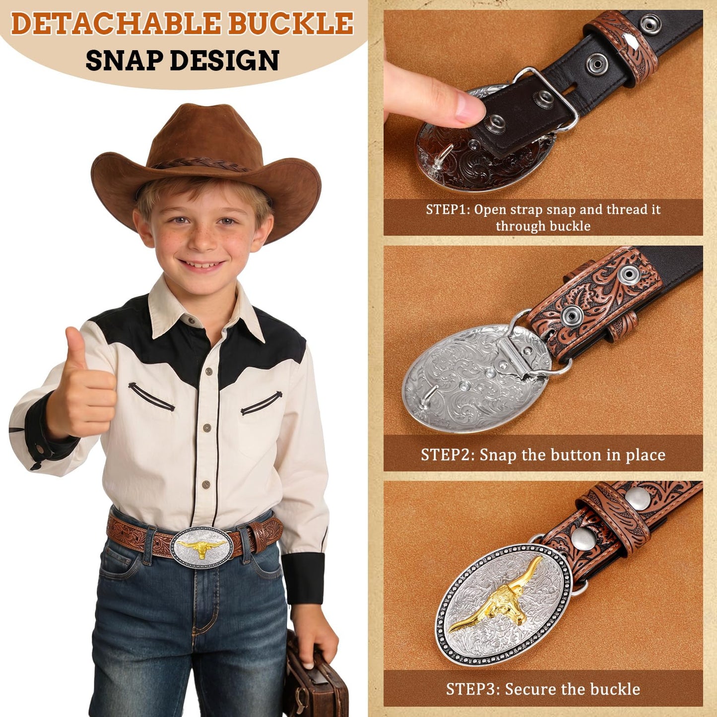 JKEEMI Kids Cowboy Belt for Boys Girls, Removable Buckle and Adjustable Embossed PU Leather Girls Boys Western Belt for Jeans