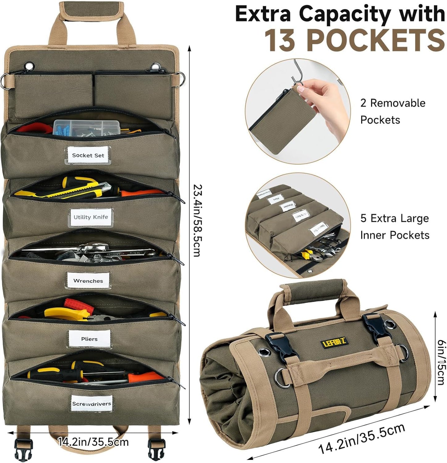 Tool Bag,Large Roll Up Tool Bag Organizer,13 Pockets Tool Roll Storage Pouch,Heavy Duty Portable Tool Storage Carrier Bag for Men,Mechanic,Electrician,Valentines Day Gifts for Men,Olive Green