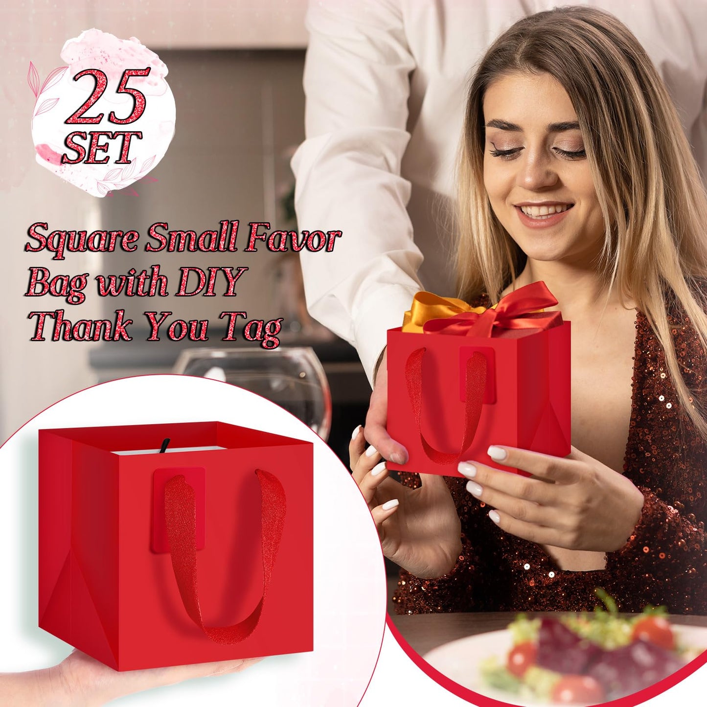 Windyun 25 Pcs Mini Paper Gift Bags with Handle 6 x 6 x 6'' Square Small Favor Bag with DIY Thank You Tag for Christmas Birthday Wedding Bridal Shower Bridesmaid Graduation Party (Red)