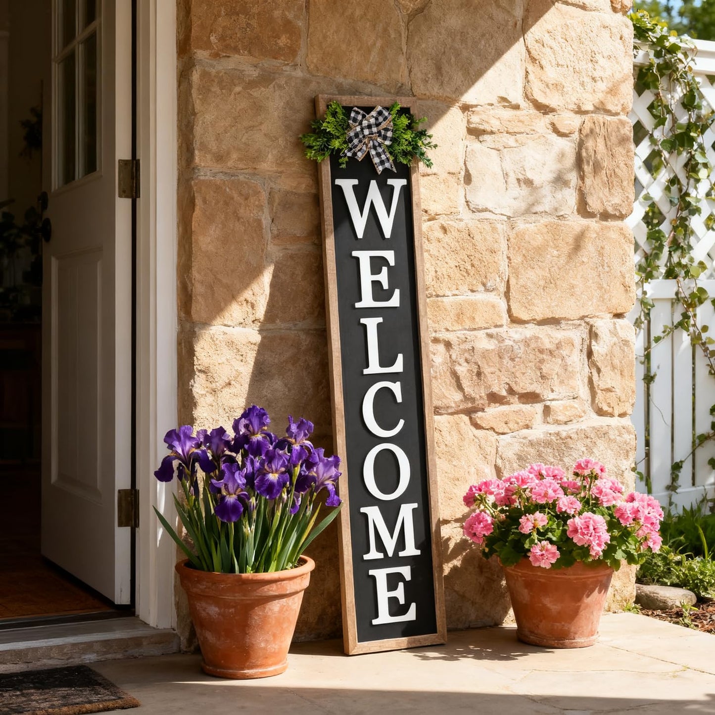 3D Outdoor Welcome Sign for Front Porch Standing 45"X9" Large Rustic Farmhouse Leaner Tall Vertical Soild Wooden Framed Plaque Modren Beautiful Outside Home Front Door Decorations (Wood Black)