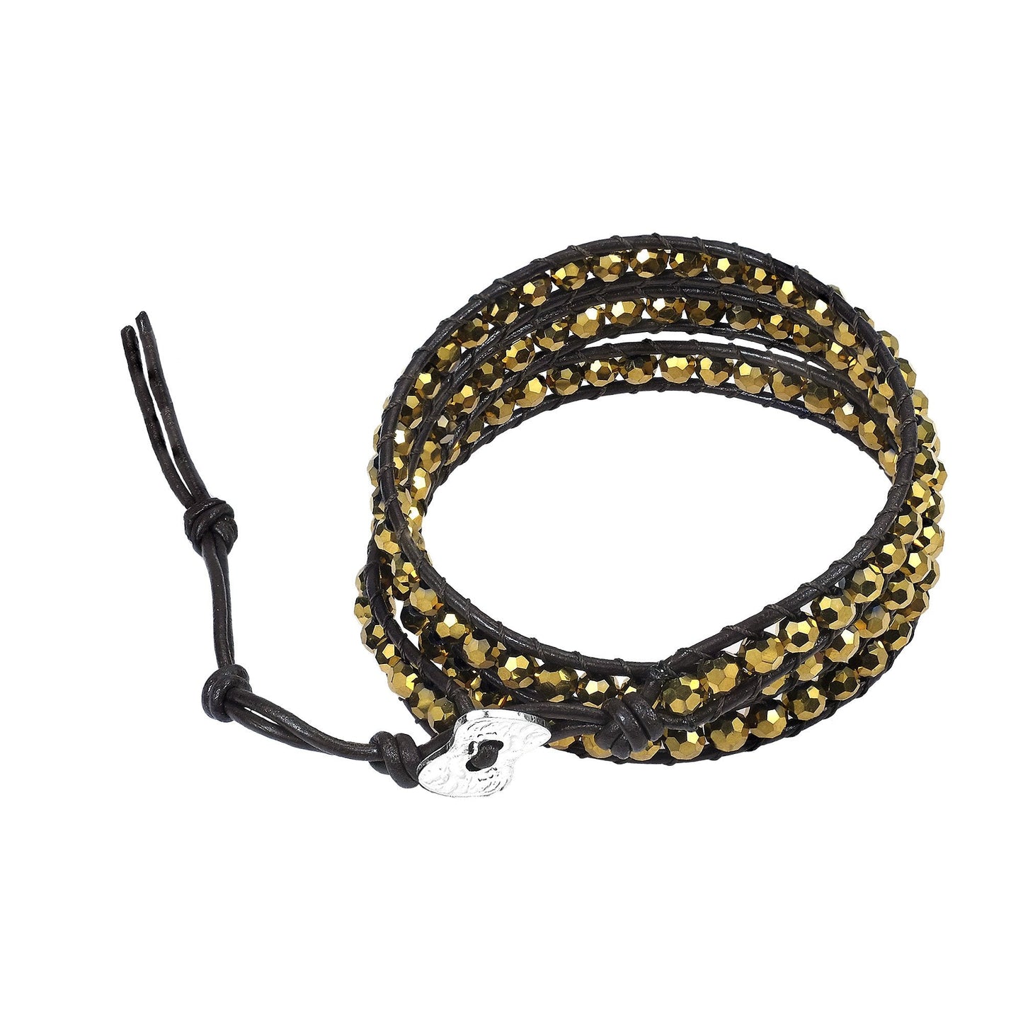 AeraVida Bohemian Multi-Layer Gold Crystal Muse Wrap Bracelet | Handmade Leather and Cotton Rope Tribal Beaded Bracelet with Toggle Clasp | Fashion Jewelry for Women